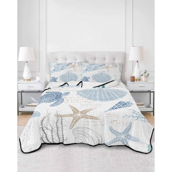 Quilts Queen Size, Blue Coastal Nautical Soft Comforter Bedding Set for Bed, Beach Sea Turtle Ocean Coral Starfish Lightweight Quilted Bedspread with Pillow Cover(2 Pieces) for All Season, 90x96 Inch