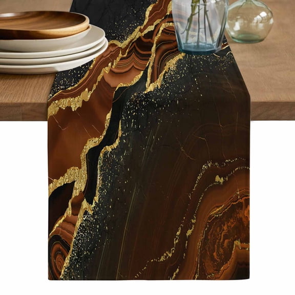 Brown Marble Table Runner, Gold Abstract Vintage Modern Ombre Art Washable Cotton Linen Table Runners 72 Inches Long, Dresser Scarf Runner for Dining/Coffee/Kitchen/TV Stands/Cabinets 13''x72''