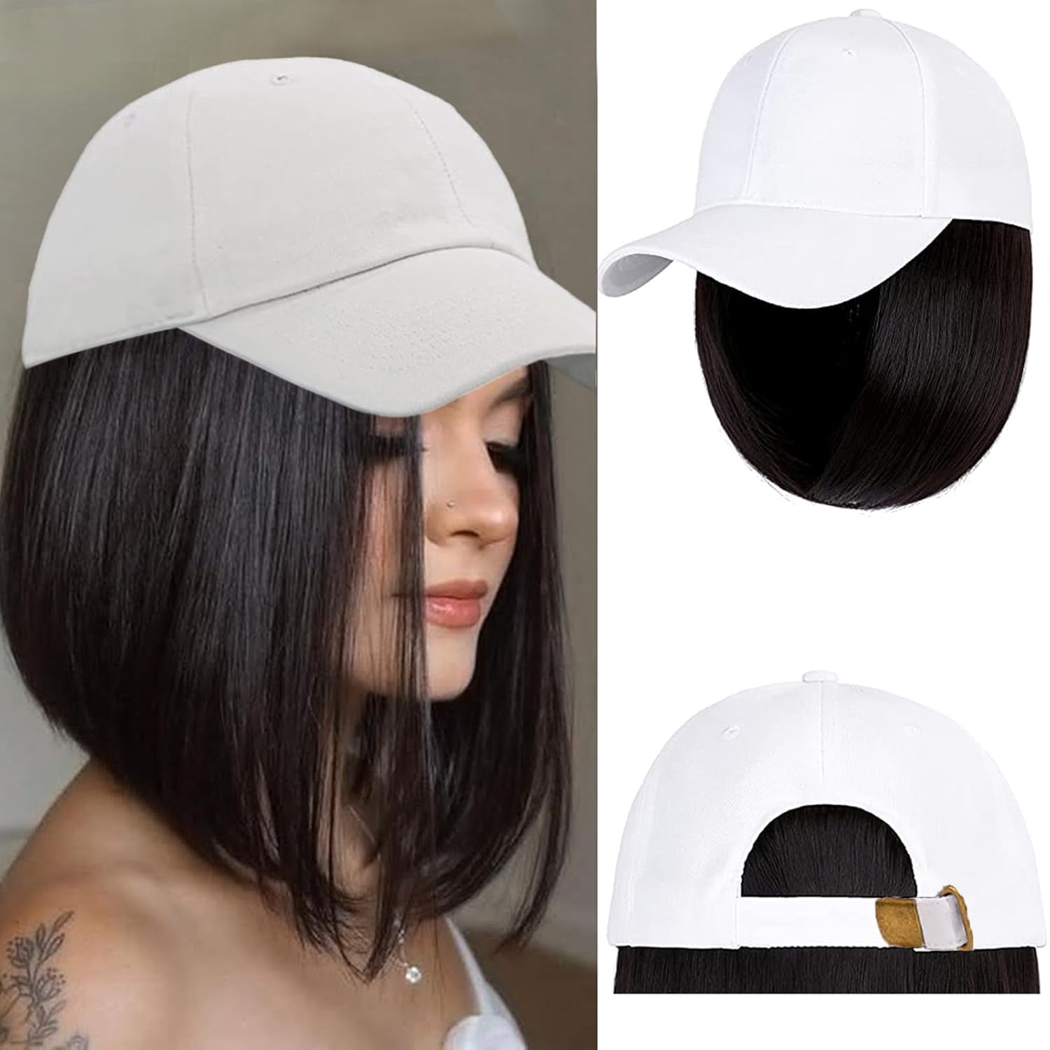 YEKEYI Baseball Cap with Hair Extensions Hat Wig Adjustable Hat Attached Short Straight Synthetic Hairpiece for Women