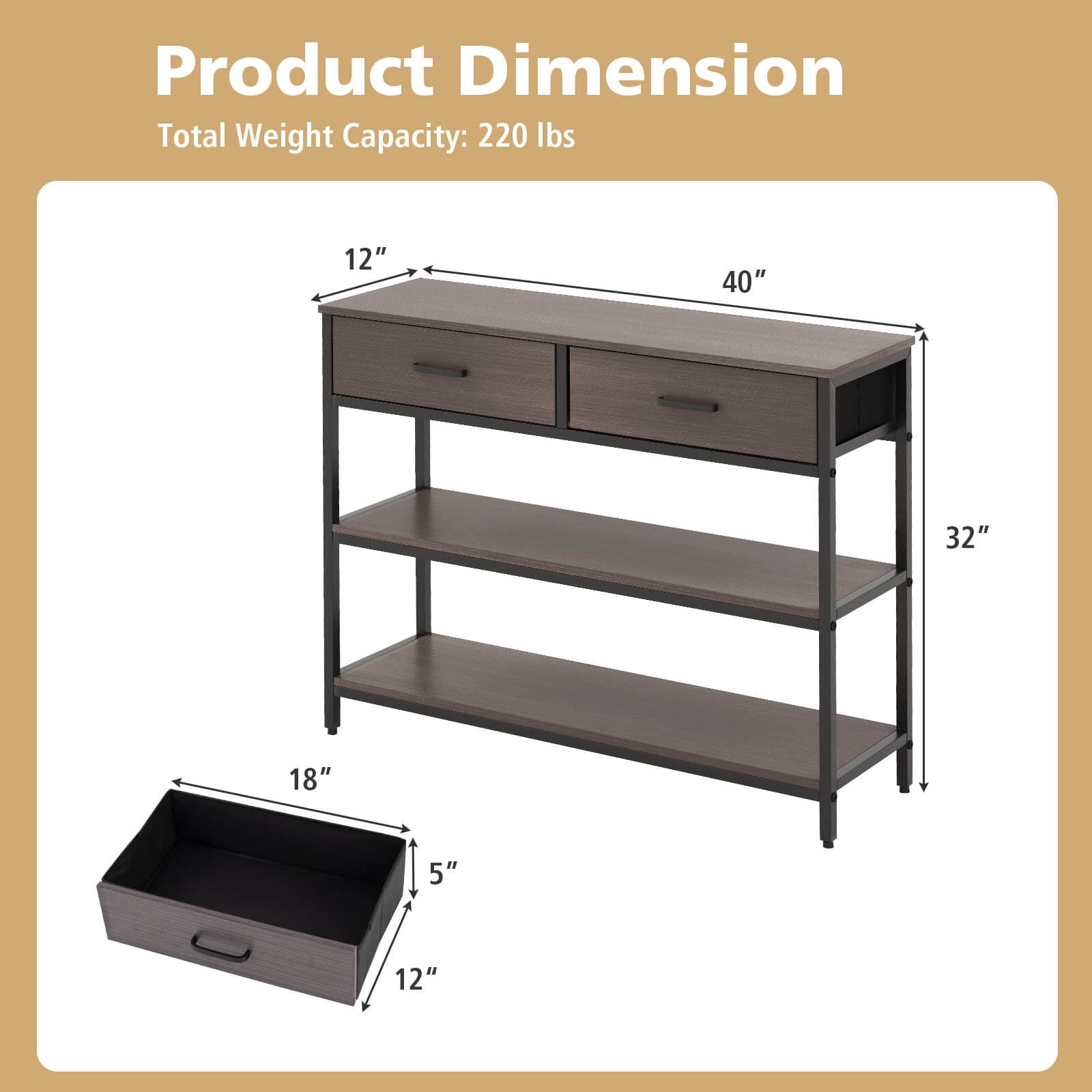 Costway Console Entryway Table Sofa Side Table with Folding Fabric Drawers for Living Room Gray