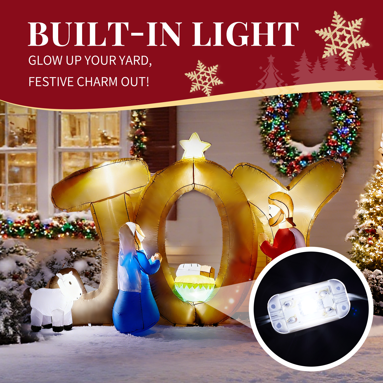 Astoutdoor Christmas Inflatable Decoration, Nativity Scene with JOY Sign, Built-in LED Lights, 88.6 x 29.5 x 55.1 in