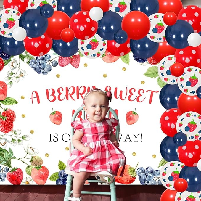 66Pcs Berry Sweet Baby Shower Decorations, Blueberry Strawberry Balloon Garland Arch Kit with a Berry Sweet Baby Is on the Way Backdrop for Girls Fruit Berries Themed Baby Shower Party Supplies