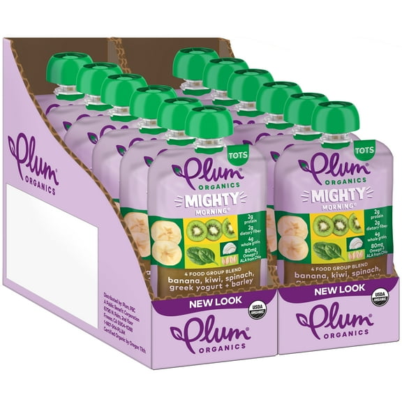 Plum Organics Mighty Morning Organic Toddler Food, Banana, Kiwi, Spinach, Greek Yogurt, and Barley, 4 oz Pouch - Case of 12