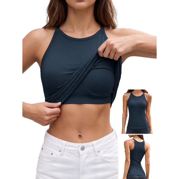 ANFERRY Women's Fitting Seamless Tank Tops Ribbed Crew Neck Racerback Workout Camisoles with Sewn in Bra
