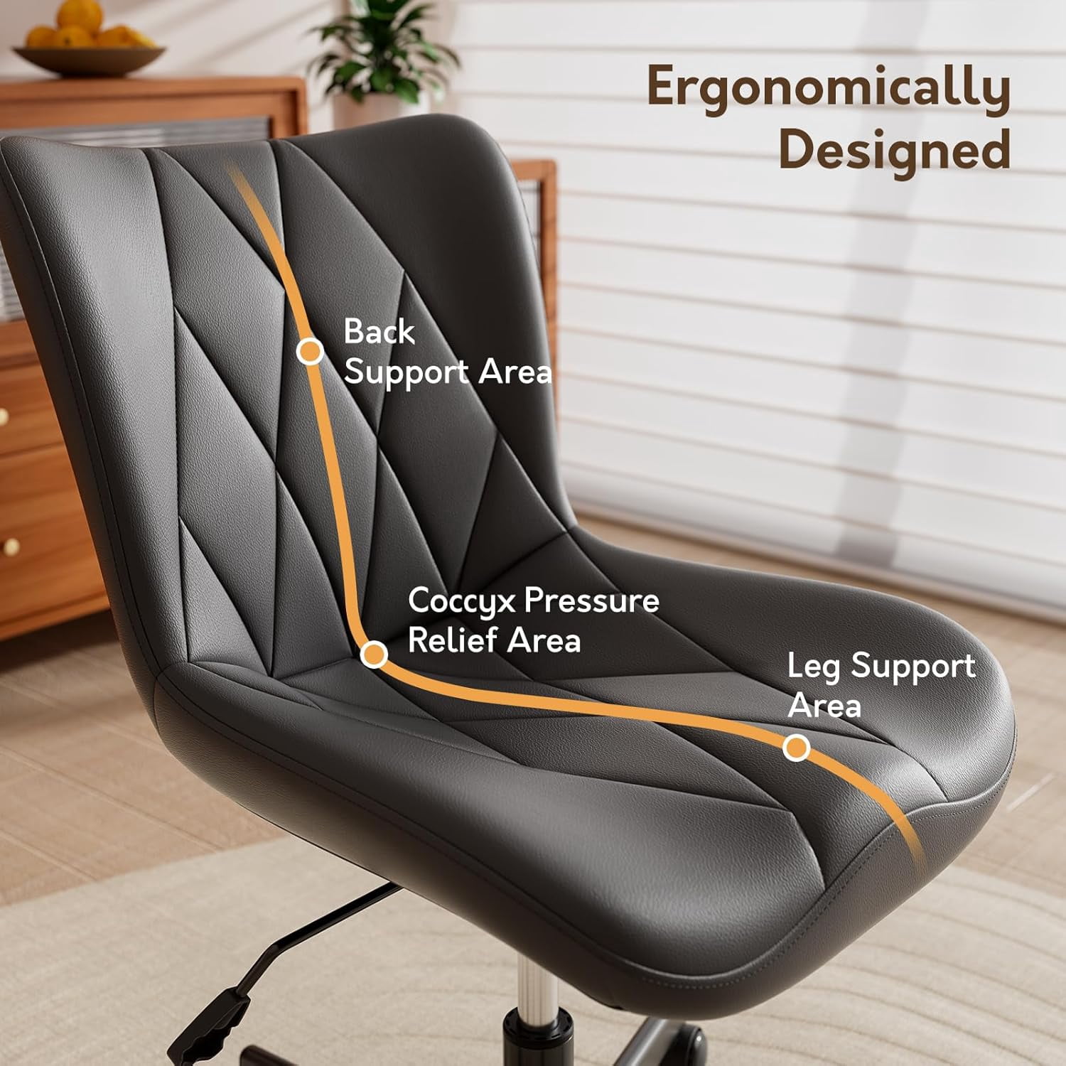 HomeZeer Space Saving Armless Office Chair with Wheels, Adjustable Height PU Leather Swivel Computer Task Chair, Soft Padded Mid Back Vanity Chair Design for Home Office & Small Spaces, Black