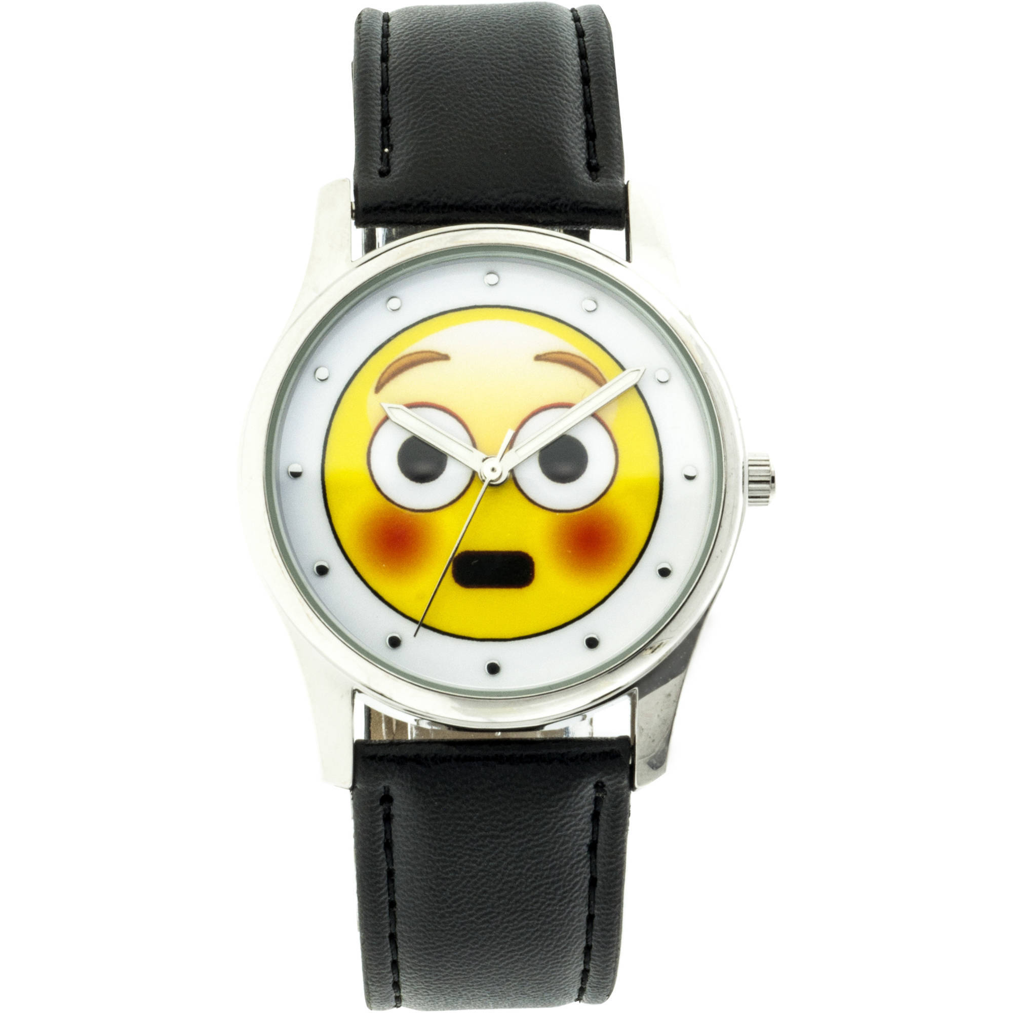 Women's Expressions Blushing Emoji on Glossy White Dial, Dark Grey PU ...