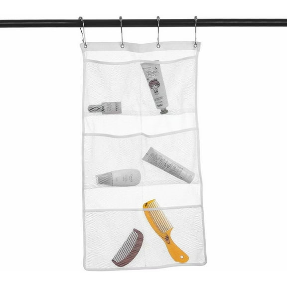 Artrylin Mesh Shower Caddy Curtains Organizer - Hanging Bathroom Shower Curtain Rod/Liner Hooks Accessories with 6 Pockets Save Space in Small Bathroom Tub 4 Rings