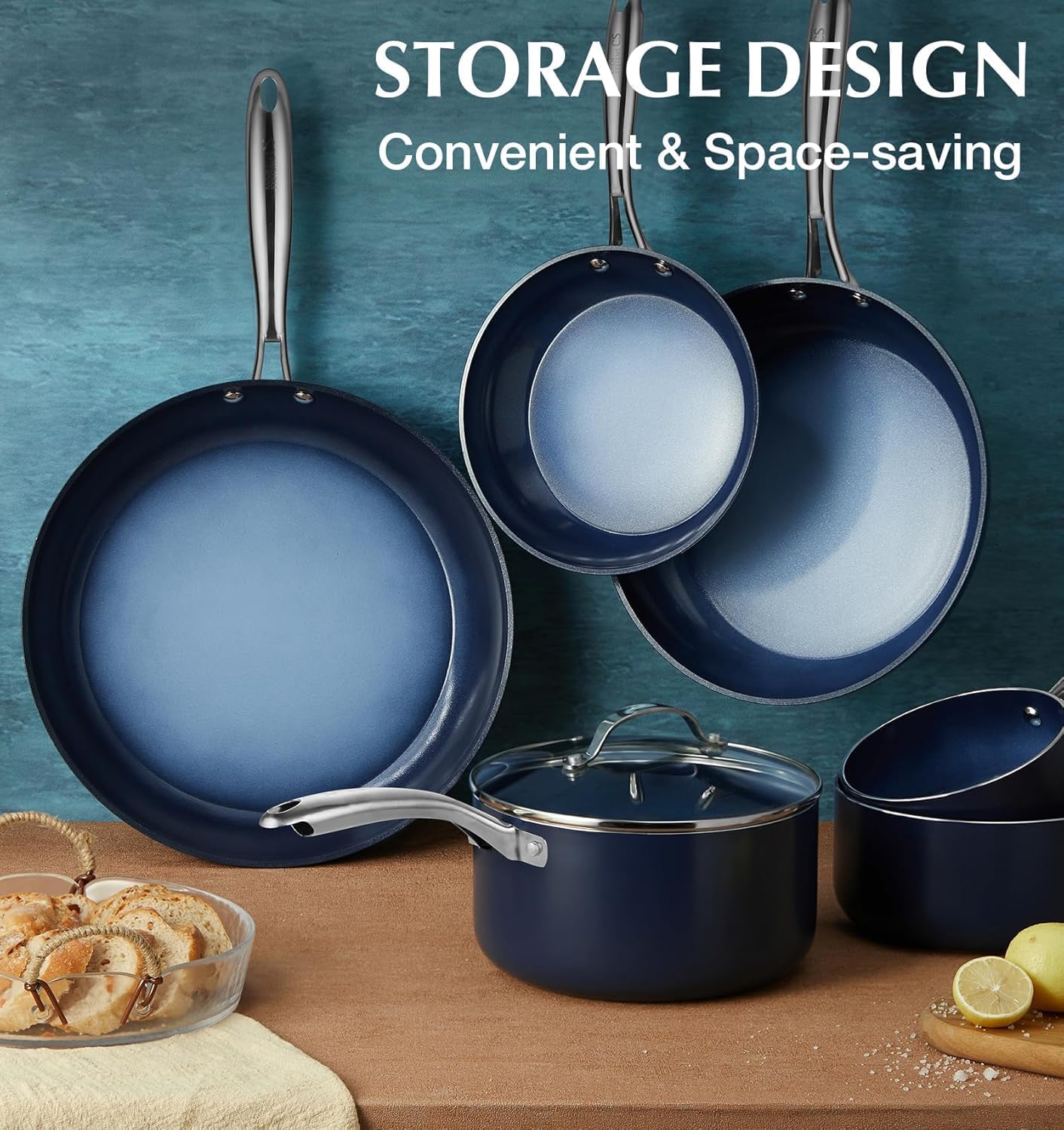 Koch Systeme CS 14 inch Nonstick Frying Pan with Lid, Skillet with Ceramic Coating, Suitable for All Stoves, Gradient Blue