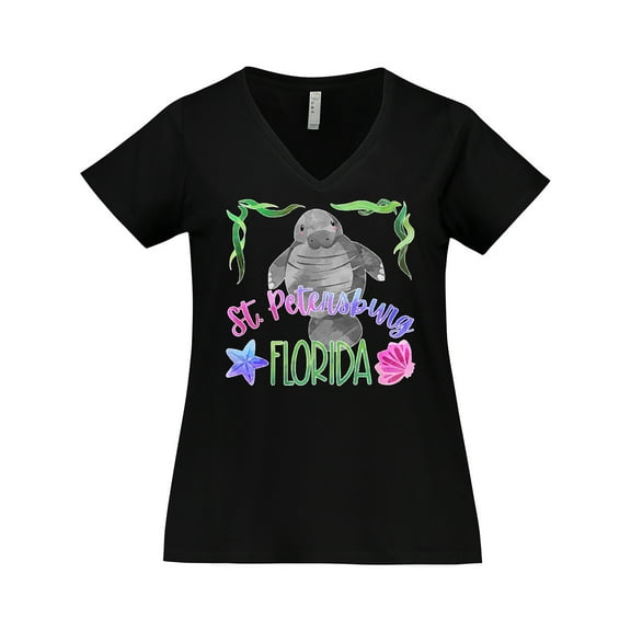 Inktastic St. Petersburg Florida Cute Swimming Manatee Women's Plus Size V-Neck T-Shirt