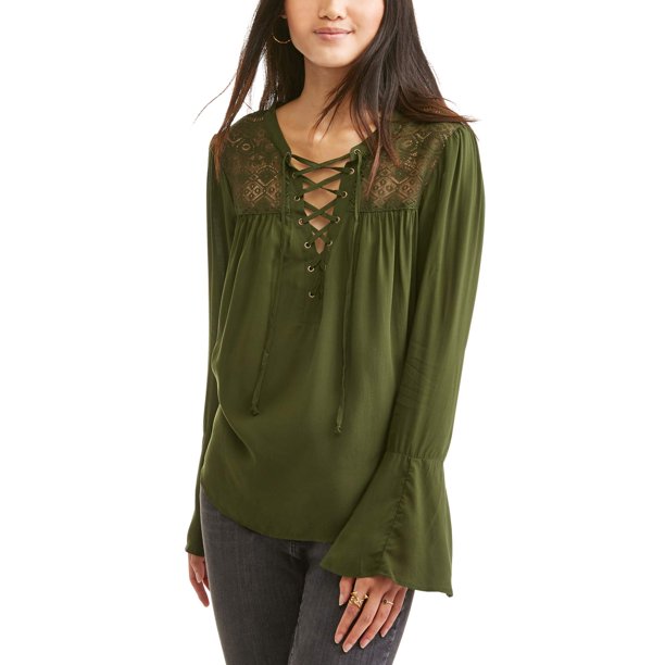 No Boundaries Juniors' laceup lace yoke bell sleeve blouse