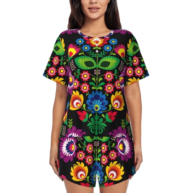 Balery Traditional Floral Polish Conjunto de Pijama para Mujer con Estampado, Dos Piezas de Manga Corta y Shorts, Ropa de Dormir Suave con Cuello Redondo y Bolsillos-3X-Large