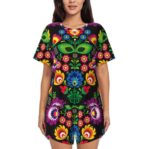 Fotbe Traditional Floral Polish Conjunto de Pijama Estampado para Mujer, 2 Piezas, Ropa de Dormir con Camiseta de Manga Corta y Shorts Suaves-Large