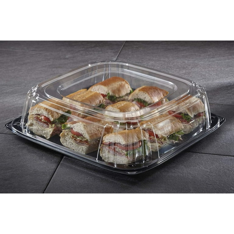 Sabert UltraStack Thermoformed Disposable Square Catering Tray with Lid  Black Platter Clear Dome, 16 Length x 16 Width x 3.06 Height