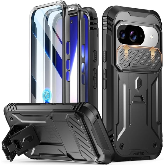 Poetic Revolution Case for Google Pixel 10/10 Pro 5G, Built-in Screen Protector Work with Fingerprint ID, Full Body Military Grade Rugged Shockproof Protective Cover Case with Kickstand, Black