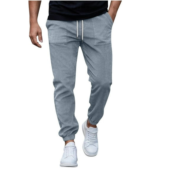 Havenre Mens Slim Fit Corduroy Joggers Pants Elastic High Waist Stretch Drawstring Tapered Leg Sweat Pants with Pockets Gray L