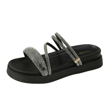 

VBARHMQRT Female Dress Sandals Flat 2024 New Summer Two Wear Round Nose Rhinestones with Matsutake Sole and External Wear Sandals Womens Sandals Comfortable Slip On Womens Hiking Sandals