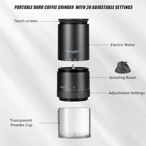 Portable Electric Burr Coffee Grinder with 38 Adjustable Settings, Conical Burr Coffee Grinder with LED Display, USB Charging, Ceramic Core, for Home, Space Black