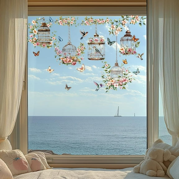 Colorful Static Window Clings Bird Cage and Butterfly 1 Sheet Reusable Window Decals for Glass 47.24" x 11.8" Removable Double Sided Window Sticker for Room Office Home Decoration