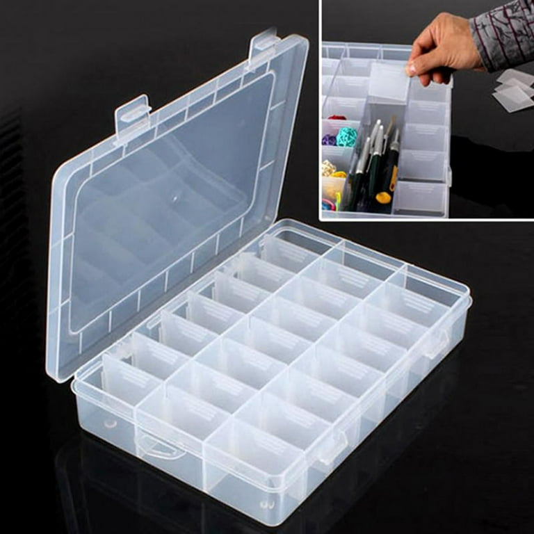 Jewelry Organizer, 24 Grids Clear Plastic Organizer Box Storage Container,  with Adjustable Dividers for Ribbon, Crafts, Art Supply, Transparent