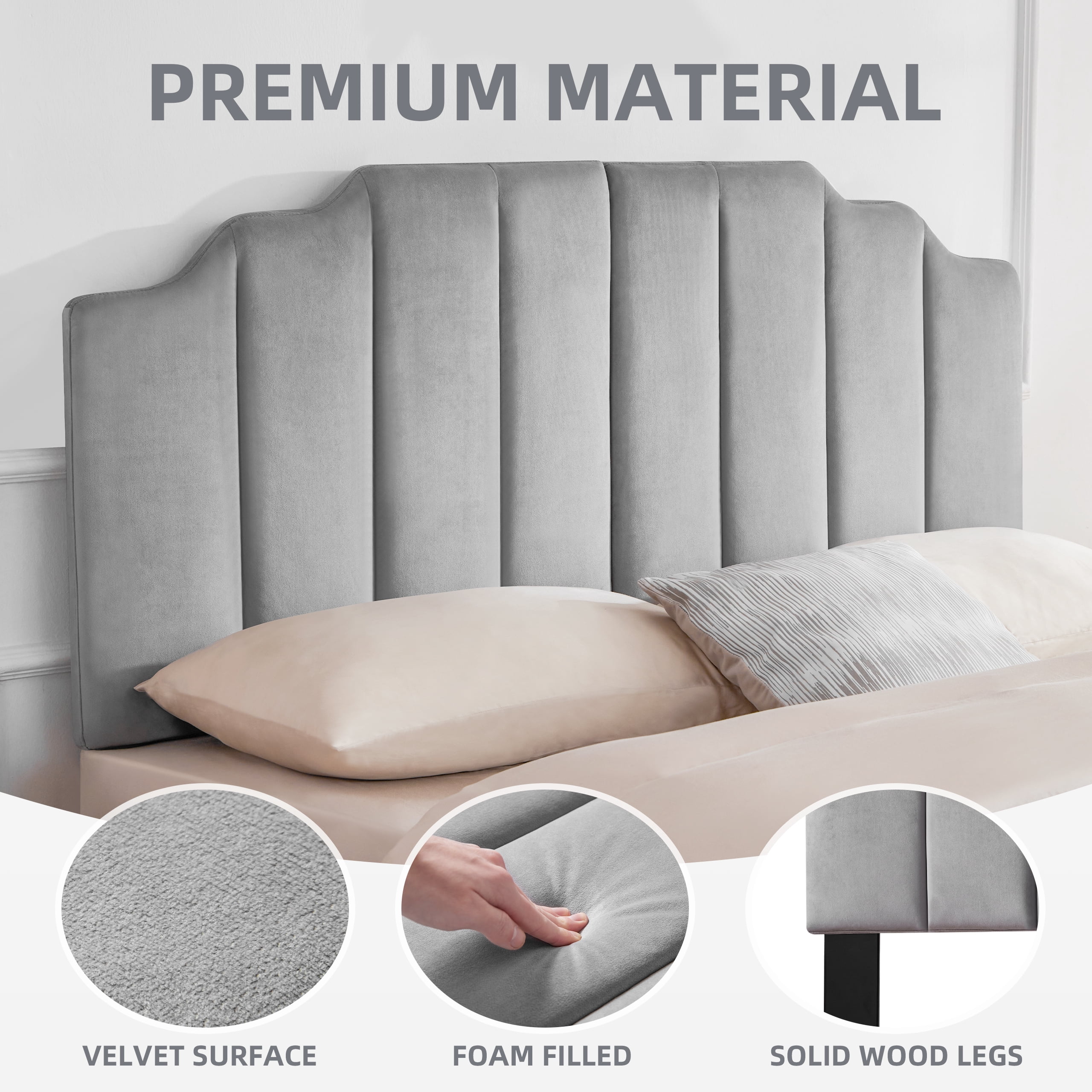 Weture Velvet Upholstered Queen Sleigh Headboard, LightGray