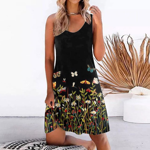 HKEJIAOI Robe Florale pour Femmes, Robe Décontractée Sans Manches, Robe Fine, Mode, Imprimé Floral, Été, Nouvelles Arrivées, Imprimé, Noir