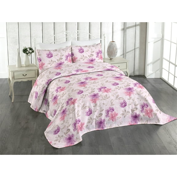 Ambesonne Floral Quilted Coverlet 3 Pcs, Pastel Soft Flowers Motif, King Size, Pale Rose Purple Blush