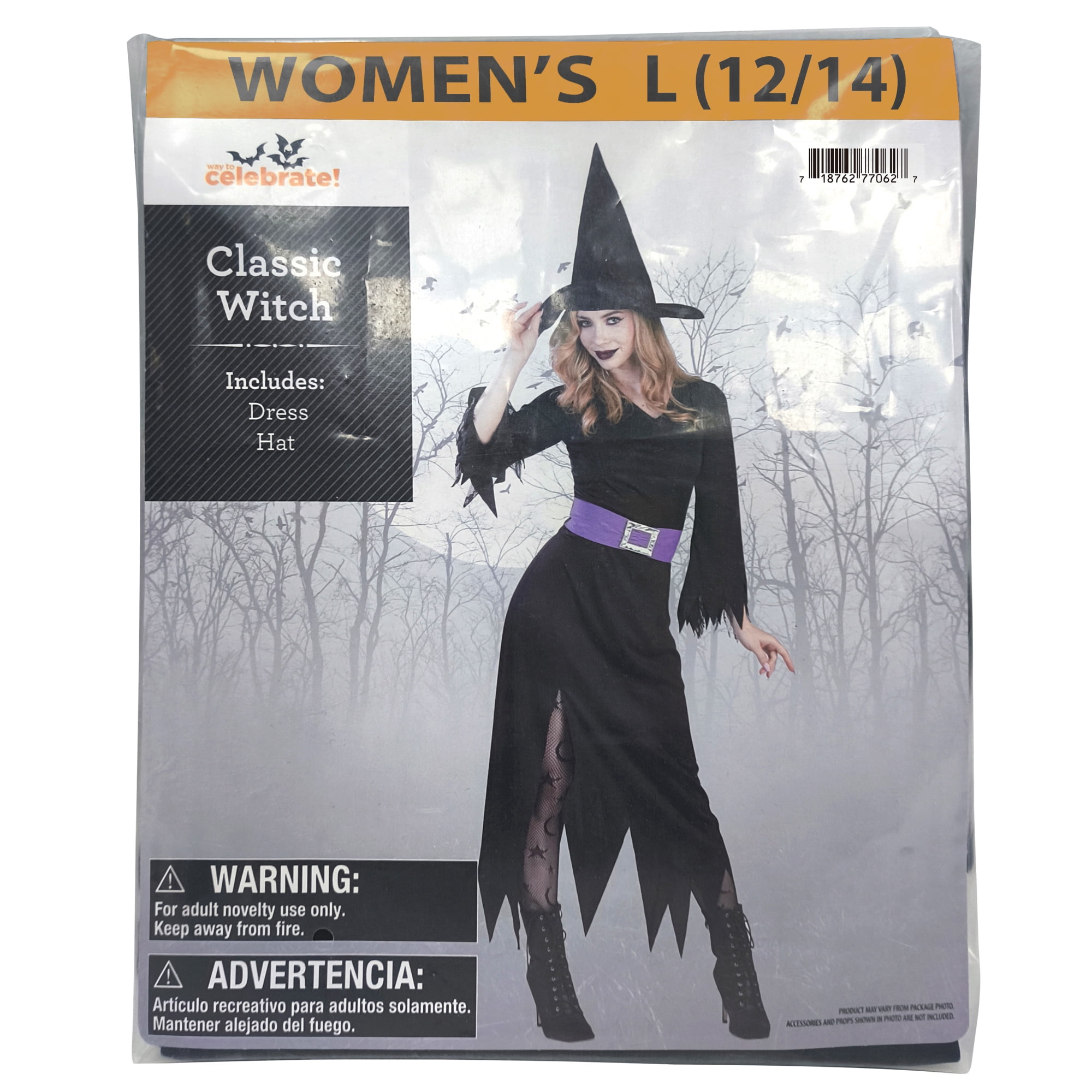 Classic Witch Halloween Costume for Adults, Women's Size L (12/14), by Way to Celebrate