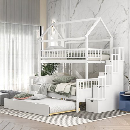 Twin over Full Size House Bunk Bed with Storage Staircase and Trundle White