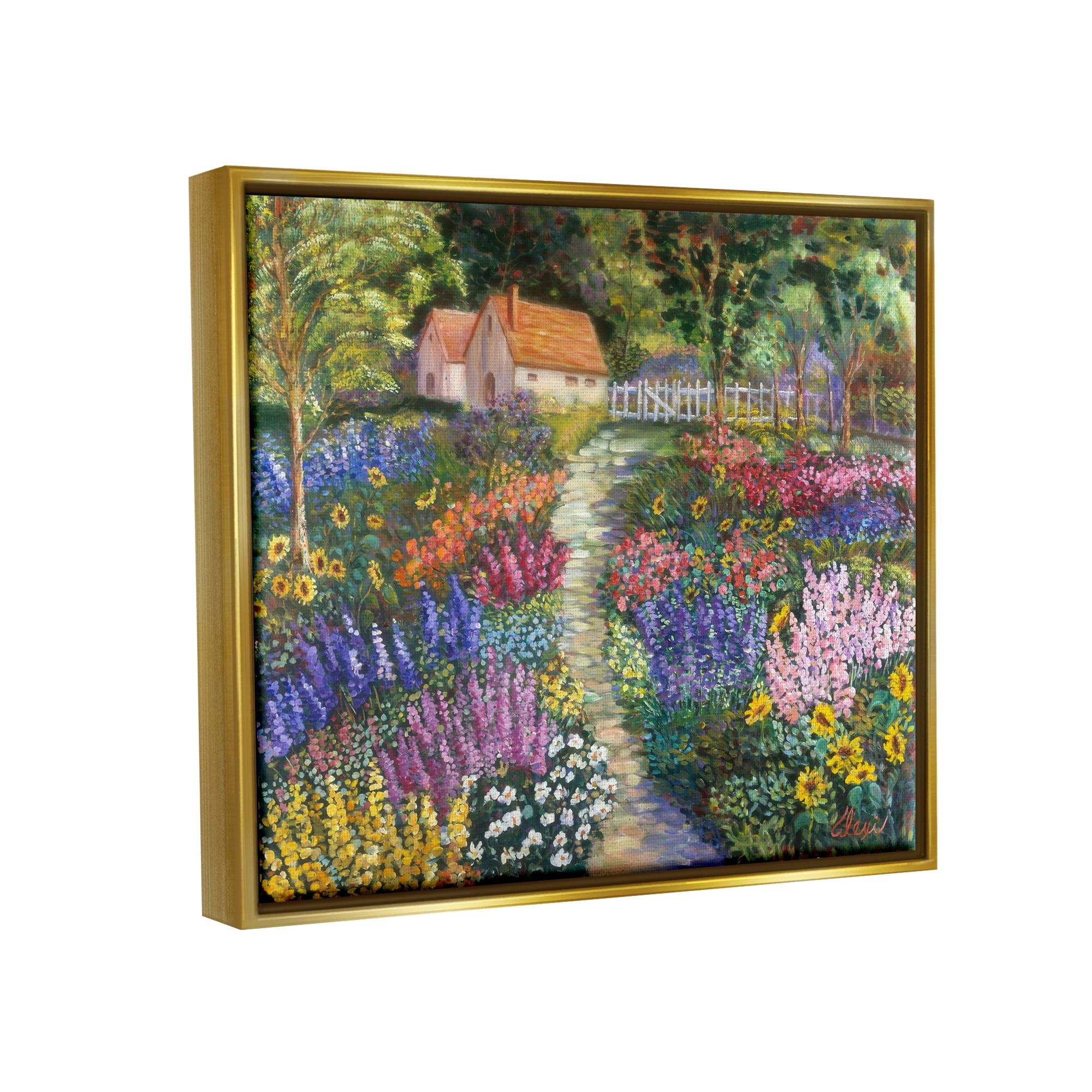 Stupell Industries Floral Cottage Gardens Landscape Painting Gold Floater Framed Canvas Art Print Wall Art, 31 x 25