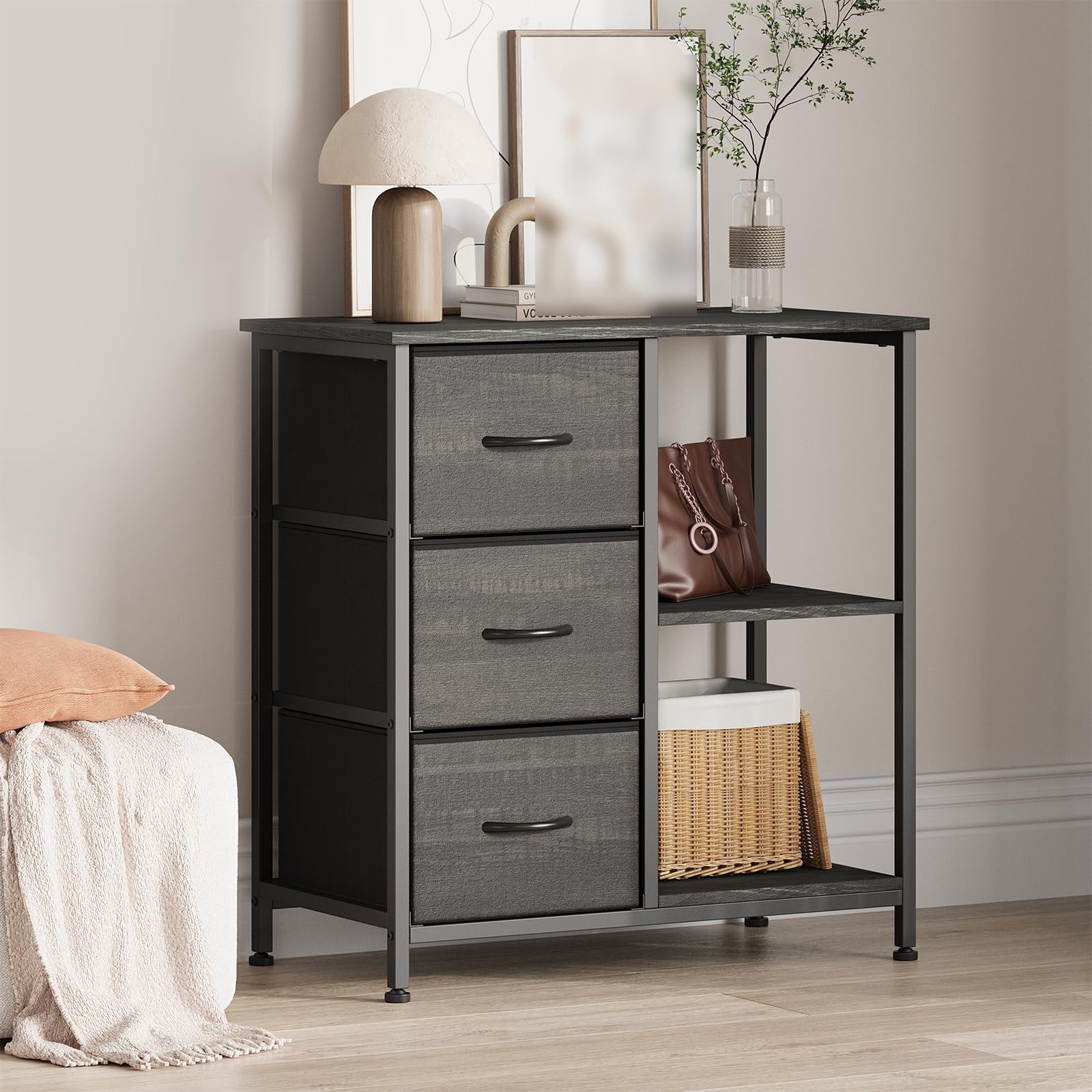 Modern 3 Drawer Fabric File Cabinet with Open Storage Shelves – Under Desk Organizer, Printer Stand, Robust Steel Frame, Multi-Functional Storage Solution for Home Office – Black