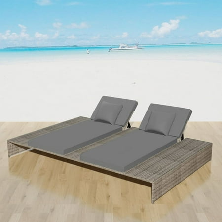 Double Pool Lounger Outdoor Double Chaise Lounger with 2 Cushion and 2 Pillows Adjustable Daybed, Lounge Bed Garden or Patio Poly Rattan ()