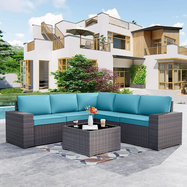 Kullavik Ensemble de Mobilier de Patio 6 Pcs, Canapé Sectionnel d'Extérieur Toutes Saisons, Ensemble de Conversation de Patio en Rotin Osier Tressé à la Main avec Coussin et Table en Verre (Bleu)