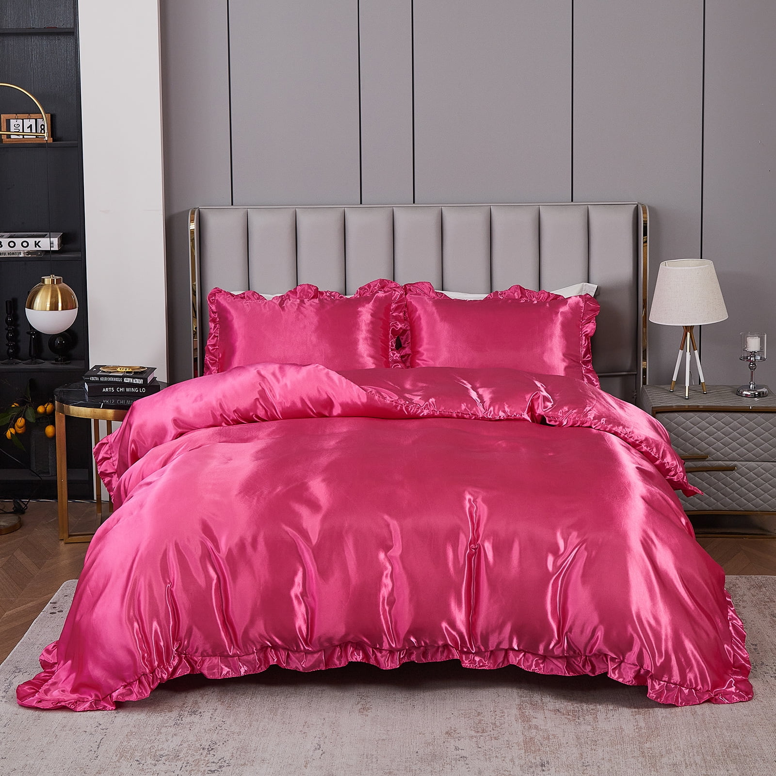 Move Over Hot Pink Ruffle Comforter Set King Satin Comforter Set Hot Pink Ruffle Design Solid Filling