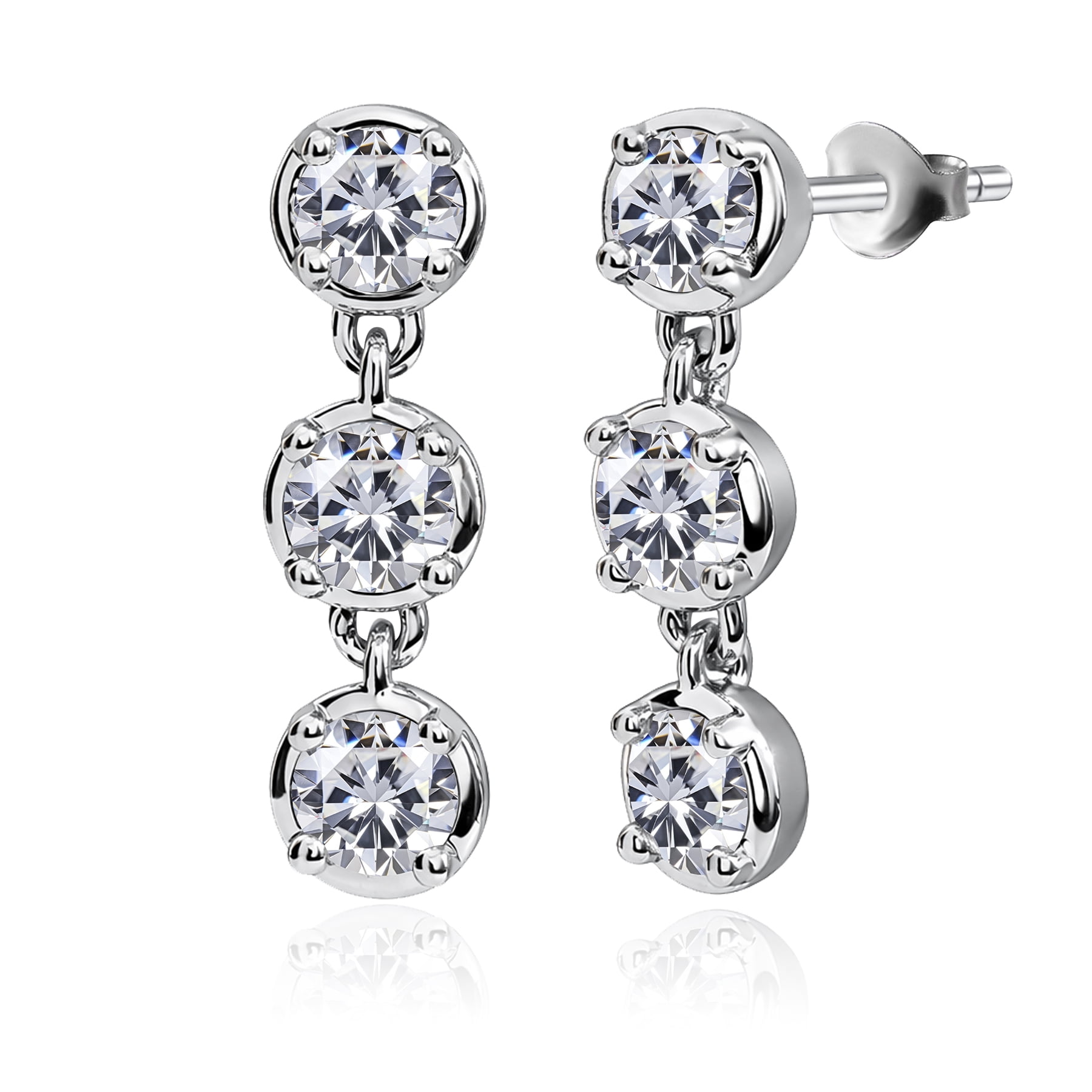 JeenMata 1 Carat Lab Grown Diamond Bezel Drop Earring - Classic Round Cut Three Stones Dangle Earrings in 18K White Gold Plating for Women, Gift for Her