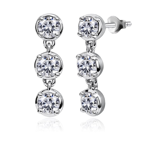 JeenMata 1 Carat Lab Grown Diamond Bezel Drop Earring - Classic Round Cut Three Stones Dangle Earrings in 18K White Gold Plating for Women, Gift for Her
