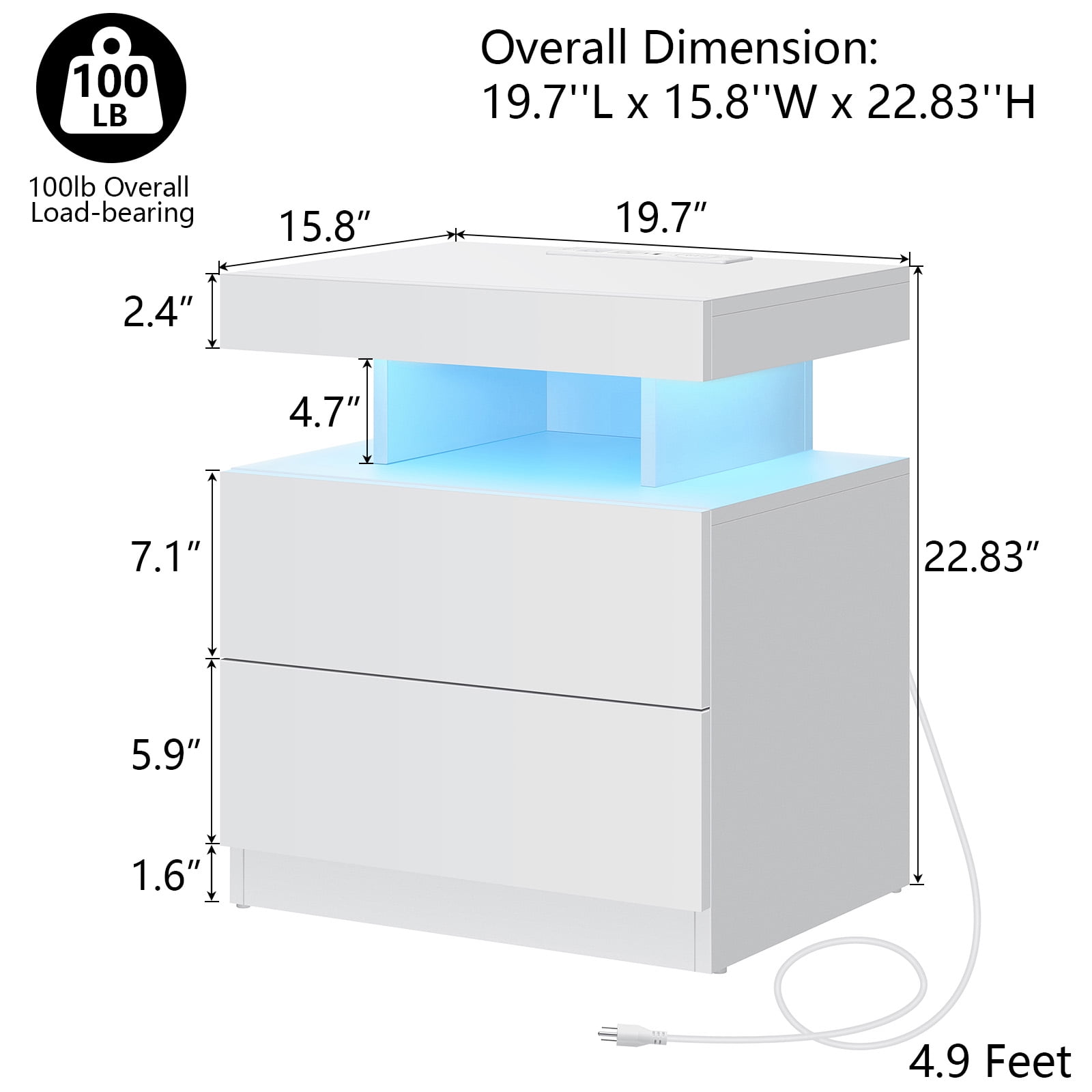 Hommpa Modern LED Nightstand with Charging Station USB Type C 2 Drawer Bedside Table High Gloss White Smart Nightstands End Side Table for Bedroom