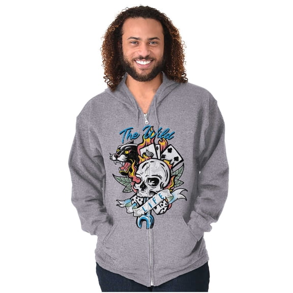 The Wild Life Skull Panther Tattoo Unisex Fleece Graphic Zip Up Hoodie Brisco Brands 2X