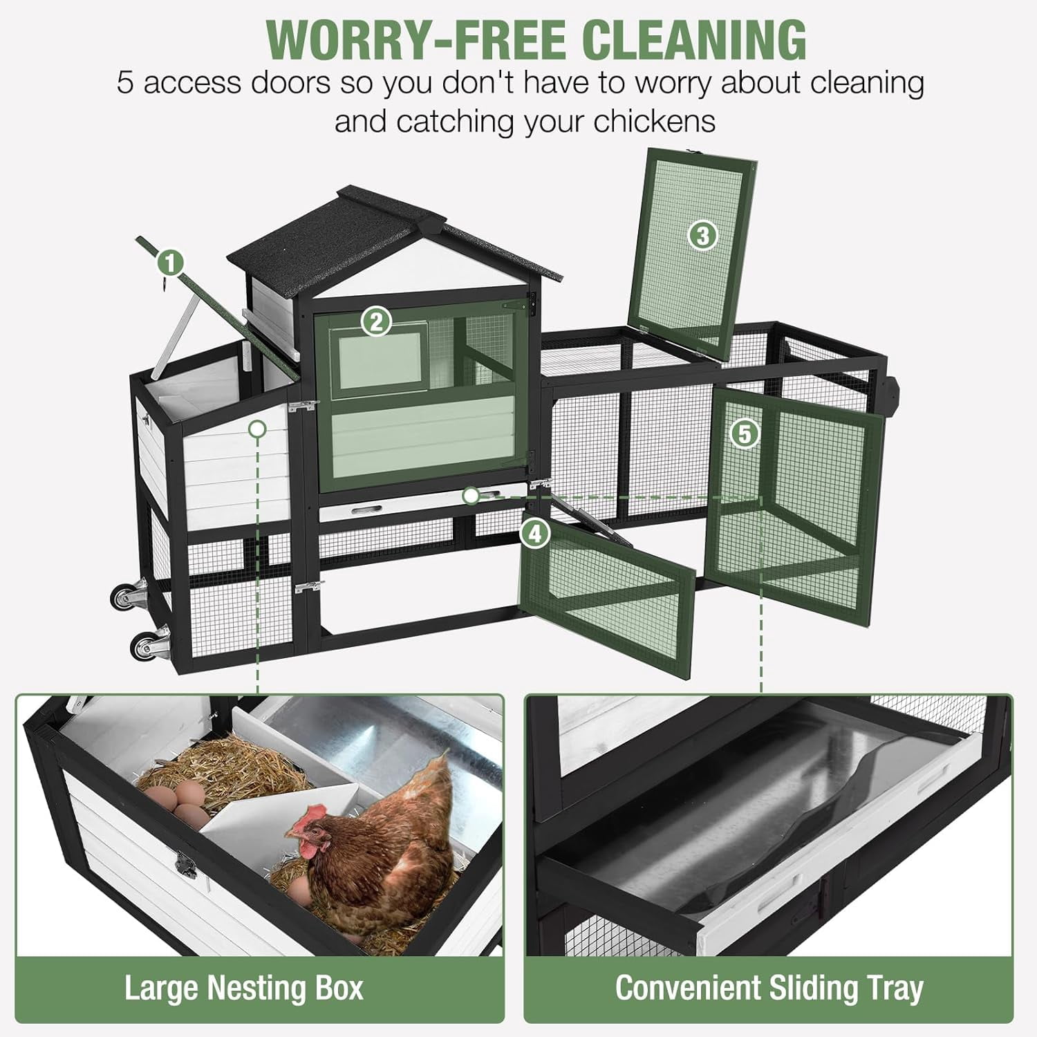 Aivituvin Mobile Chicken Coop with Wheels, 82.4" L Large Outdoor Hen House with Run Nesting Box for 4-6 Chickens, Weatherproof Chicken House Black