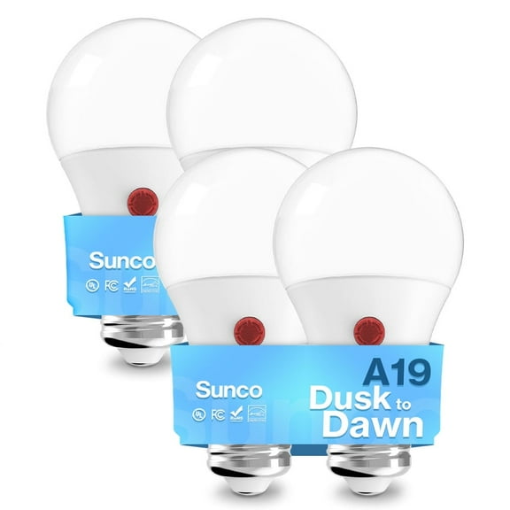Sunco Dusk to Dawn Light Bulbs Outdoor, Sensor A19 LED Light Bulb, Auto On/Off Photocell Automatic for Outdoor Lighting, 9W (60W Eqv.), 800lm, 5000K Daylight, 4 Pack