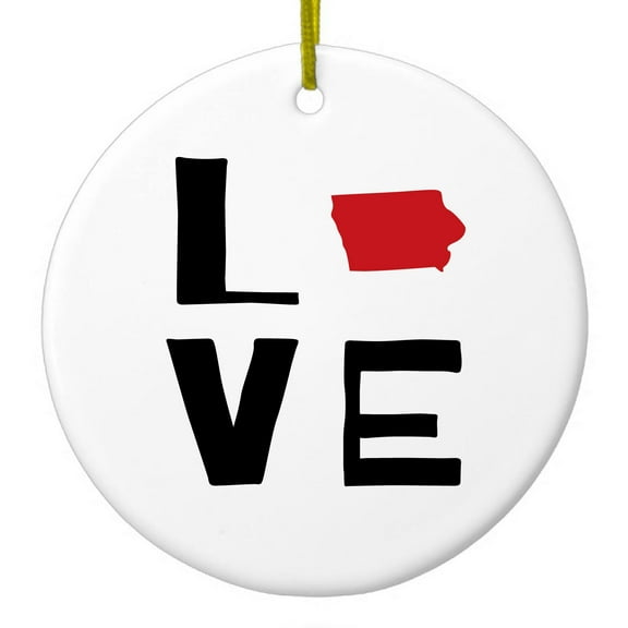 DistinctInk Hanging Ceramic Christmass Tree Ornament with Gold String - Great Gift / Present - 2 3/4 inch diameter - Iowa - Love Black & Red
