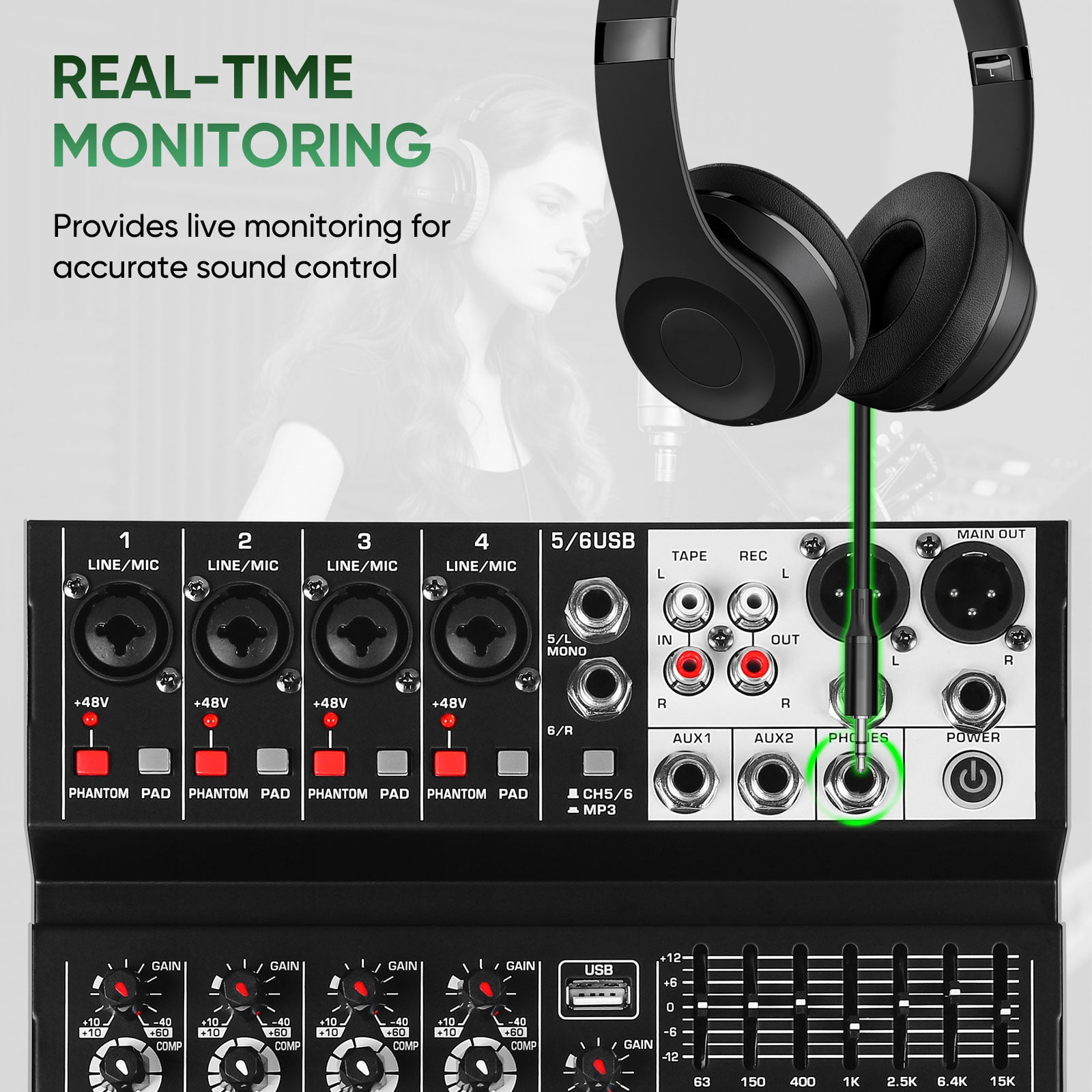 Audio Mixer 6 Channel Sound Mixer Console, Professional Music Mixing Board DJ Mixer w/ 99 DSP, 7-band EQ, USB, Bluetooth, 48V Phantom Power & PAD Function for Recording PA Live Live Streaming