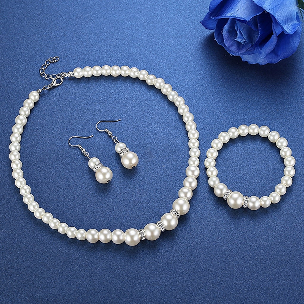 Elegant White Faux Pearl Necklace Earrings and Bracelet Pearl Beaded Chain Drop Earrings Costume Jewelry Set for Women