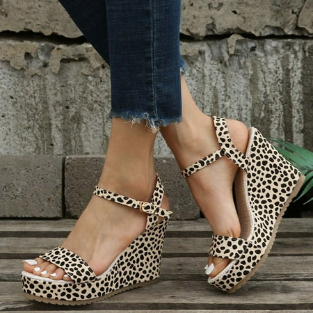 

HAOTAGS Womens Fashion Wedge Sandals- Leopard Print Buckle Strap Casual Summer Shoes Beige Size 7.5