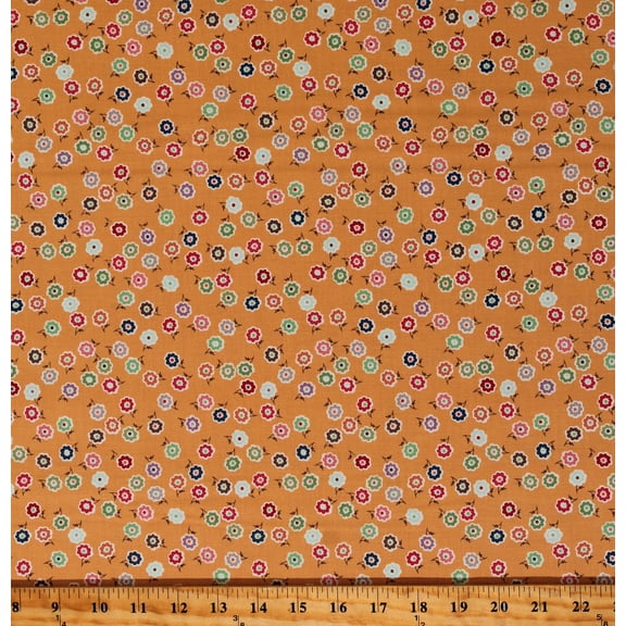 Cotton Bee Dots Flowers Floral Plants Leaves Stems on Marigold Cotton Fabric Print by the Yard (C14161-MARIGOLD)