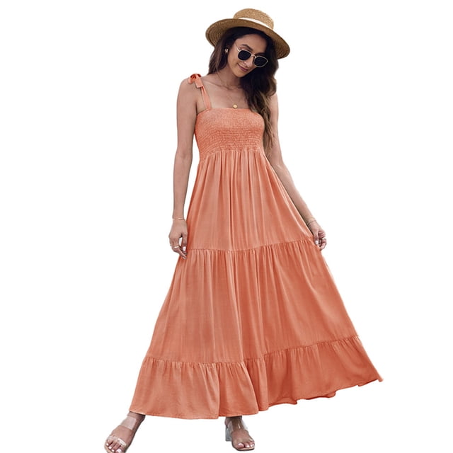 Vestido Casual para Mujer Verano Correa De Espagueti Ajustable Escalonado Sin Espalda Volantes Recortados Sueltos (Naranja),XL