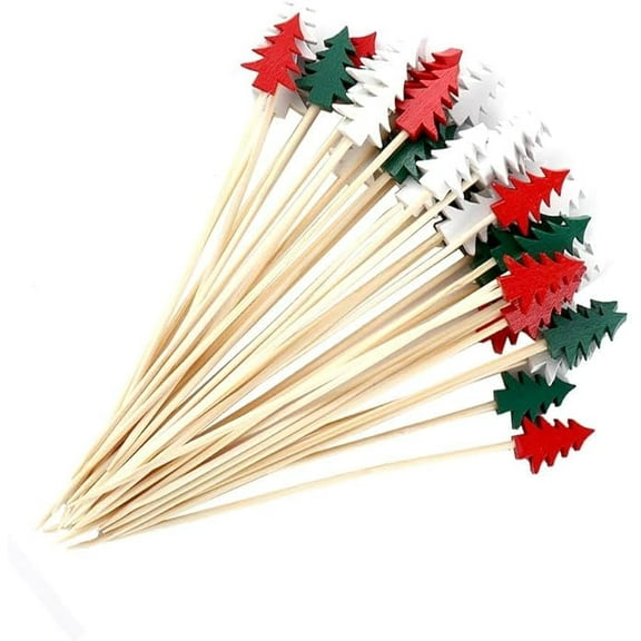 100Pcs Bamboo Christmas Cocktail Picks, Christmas Pinetree Decorative Toothpicks Christmas Holiday Party Picks Skewers for Fruit Drink Dessert Sandwiches Cocktails