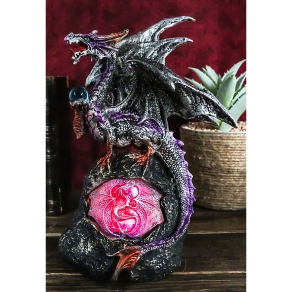 Purple Streaked Dragon With Glass Orb On Colorful LED Faux Geode Rock Figurine