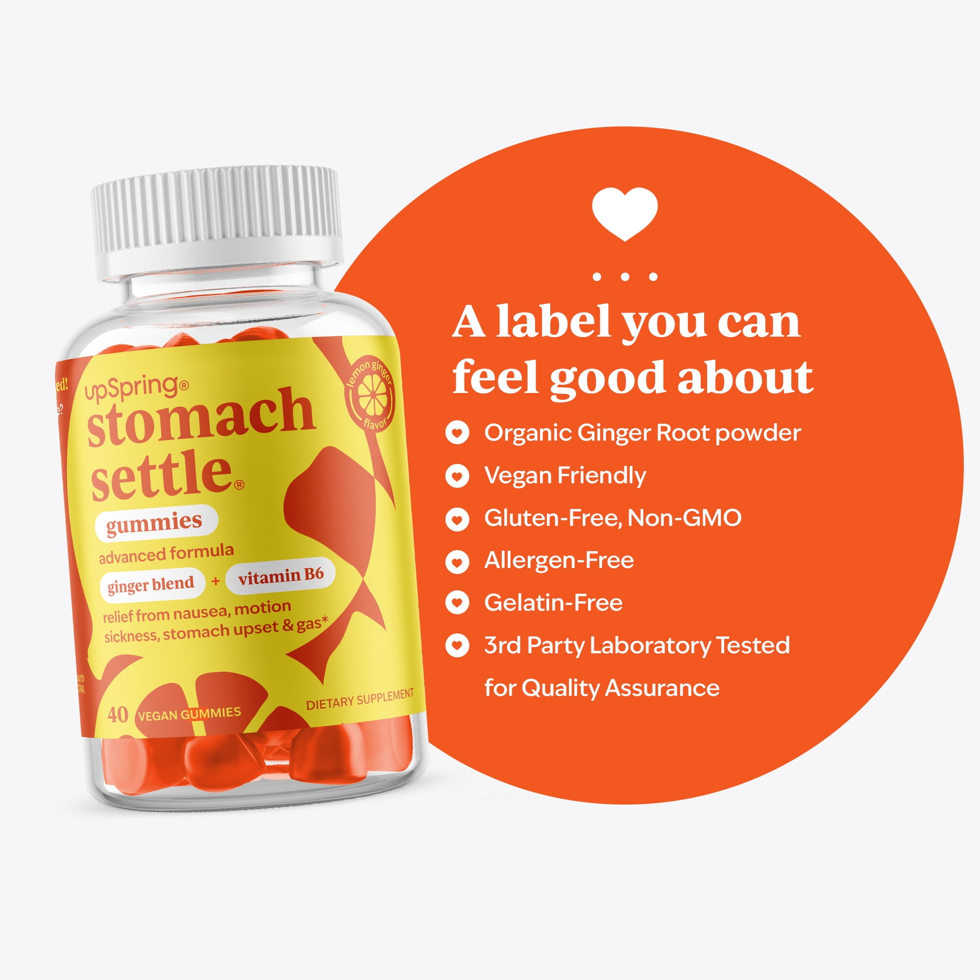 UpSpring Stomach Settle Gummies, with Vitamin B6, Lemon Ginger Flavor, 40 Count