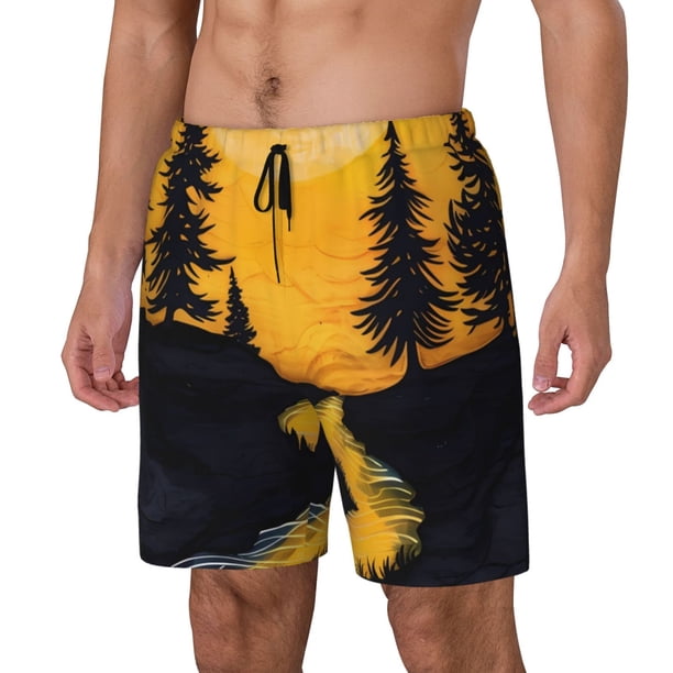 Fotbe Sunset River Pine Trees Traje de Baño para Hombre – Shorts de Natación de Secado Rápido con Forro y Bolsillos-Small