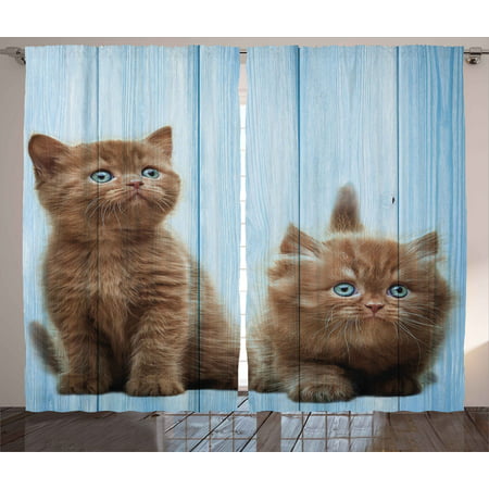 Animal Decor Curtains 2 Panels Set, Baby Kitten Siblings Lovely Animals Creatures Best Friend Artwork Print, Window Drapes for Living Room Bedroom, 108W X 90L Inches, Caramel Sky Blue, by